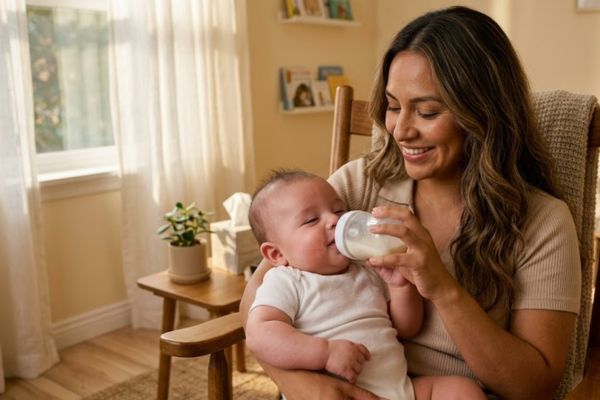 Mamá dando de comer a su bebé de forma tranquila tras descartar problemas de intolerancia a la lactosa.