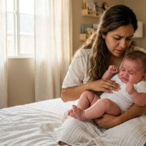 Mamá cuidando a su bebé con dolor abdominal y gases, posible intolerancia a la lactosa en bebés