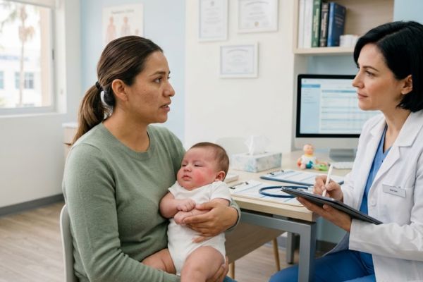 Mamá consultando con pediatra sobre síntomas de intolerancia a la lactosa en bebés.