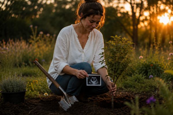 Ritual simbólico de plantación de árbol para honrar duelo por pérdida de embarazo